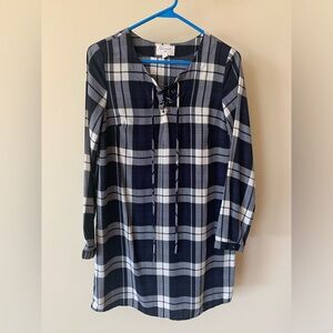 Plaid, satin dress. Loose fitting.